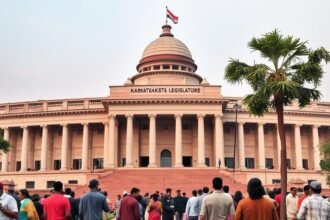 A photograph of the Karnataka State Legislature building with a subtle background of people from different walks of life, highlighting the diversity and complexity of the issue of hate speech in India.
