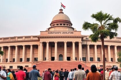 A photograph of the Karnataka State Legislature building with a subtle background of people from different walks of life, highlighting the diversity and complexity of the issue of hate speech in India.