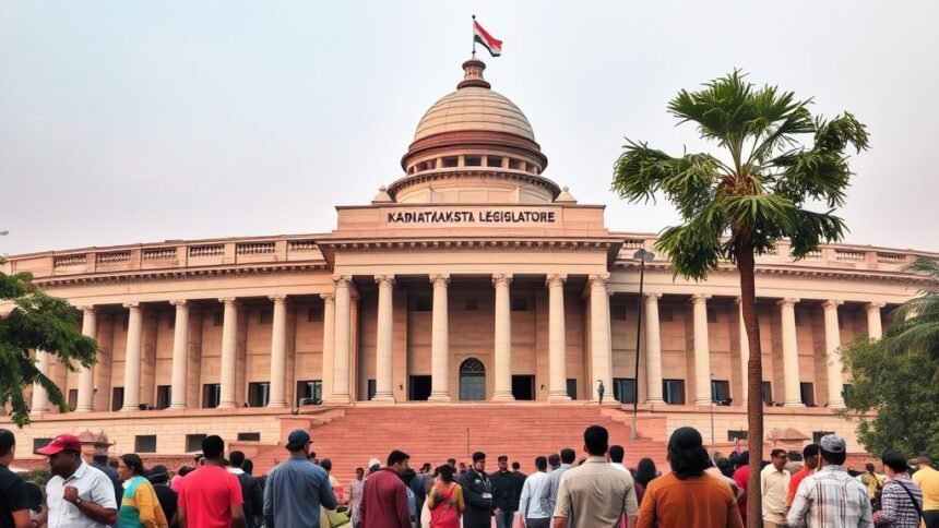 A photograph of the Karnataka State Legislature building with a subtle background of people from different walks of life, highlighting the diversity and complexity of the issue of hate speech in India.