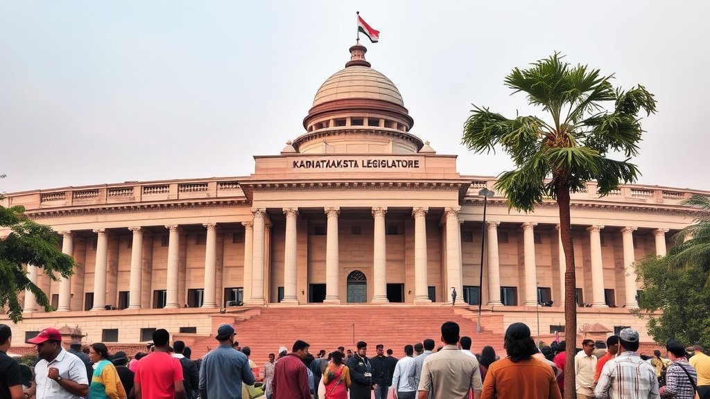 A photograph of the Karnataka State Legislature building with a subtle background of people from different walks of life, highlighting the diversity and complexity of the issue of hate speech in India.