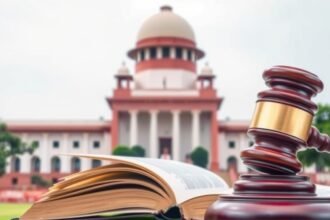 A photograph of the Supreme Court of India with a gavel and a book in the foreground, symbolizing the court's role in upholding the law and ensuring justice.