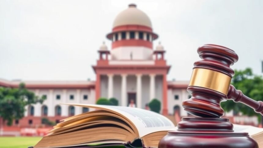 A photograph of the Supreme Court of India with a gavel and a book in the foreground, symbolizing the court's role in upholding the law and ensuring justice.