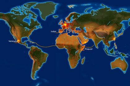 a map of the world with oil rigs and pipelines highlighted, with a focus on India and Venezuela