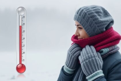 a photo of a person wearing a scarf and gloves, standing in front of a foggy backdrop with a thermometer showing a low temperature