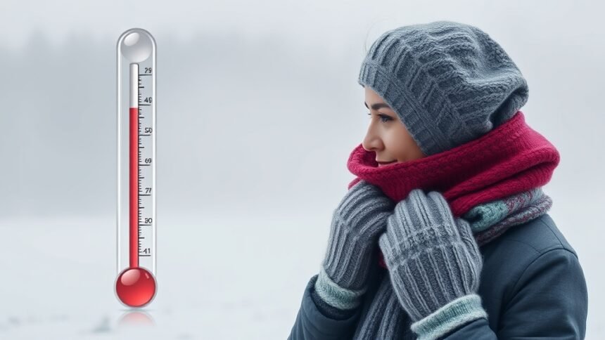 a photo of a person wearing a scarf and gloves, standing in front of a foggy backdrop with a thermometer showing a low temperature