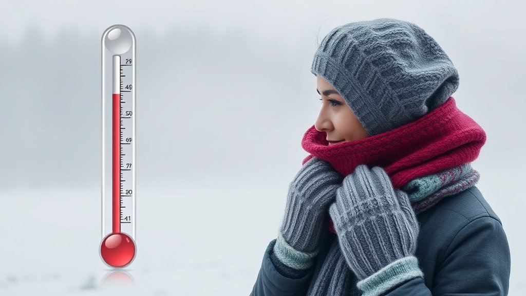 a photo of a person wearing a scarf and gloves, standing in front of a foggy backdrop with a thermometer showing a low temperature