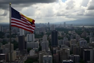 A dramatic image of a Venezuelan cityscape with a subtle hint of American flags or military presence in the background, conveying the complex geopolitical situation.