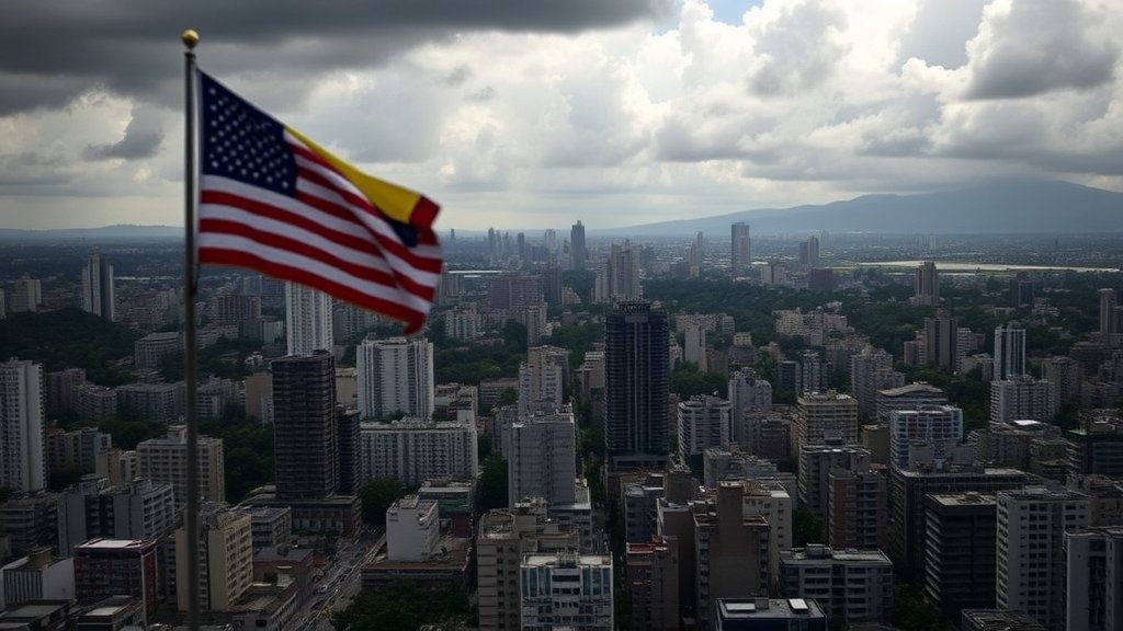 A dramatic image of a Venezuelan cityscape with a subtle hint of American flags or military presence in the background, conveying the complex geopolitical situation.