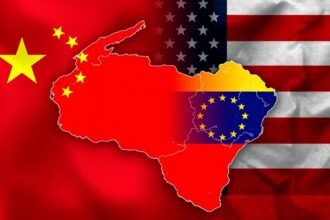 A map of Venezuela with Chinese and American flags in the background, symbolizing the geopolitical tensions between the two nations