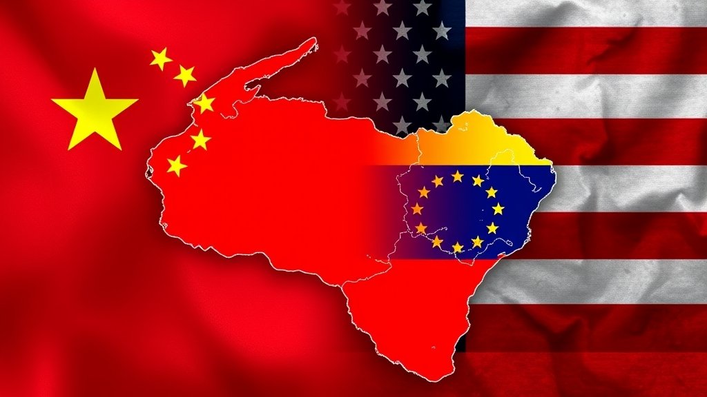 A map of Venezuela with Chinese and American flags in the background, symbolizing the geopolitical tensions between the two nations