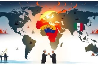 A dramatic illustration of a world map with Venezuela highlighted, surrounded by oil rigs, and a subtle image of a handshake between leaders of different countries in the background, symbolizing the complex web of international relations and energy politics.