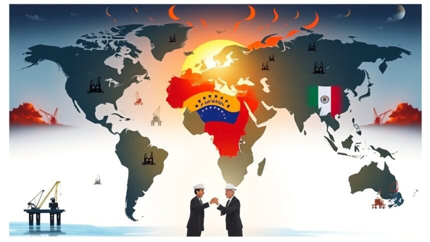 A dramatic illustration of a world map with Venezuela highlighted, surrounded by oil rigs, and a subtle image of a handshake between leaders of different countries in the background, symbolizing the complex web of international relations and energy politics.