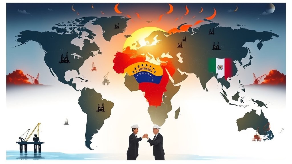 A dramatic illustration of a world map with Venezuela highlighted, surrounded by oil rigs, and a subtle image of a handshake between leaders of different countries in the background, symbolizing the complex web of international relations and energy politics.