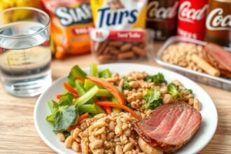 A photo of a balanced meal with lean protein, vegetables, and whole grains, with a glass of water and a small portion of red meat, surrounded by a few unhealthy snacks and sugary drinks in the background.