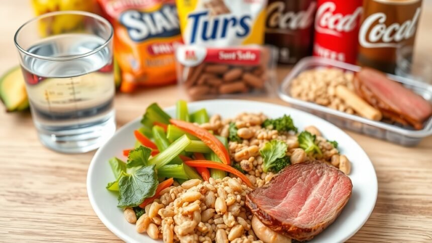 A photo of a balanced meal with lean protein, vegetables, and whole grains, with a glass of water and a small portion of red meat, surrounded by a few unhealthy snacks and sugary drinks in the background.
