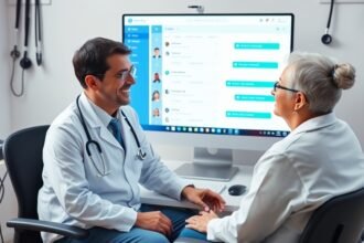 A doctor and a patient sitting in front of a computer screen displaying a patient's medical records, with a chatbot window open in the background, surrounded by stethoscopes and medical equipment.