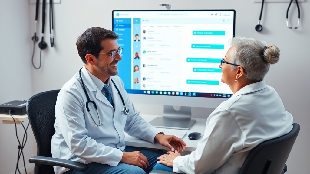 A doctor and a patient sitting in front of a computer screen displaying a patient's medical records, with a chatbot window open in the background, surrounded by stethoscopes and medical equipment.
