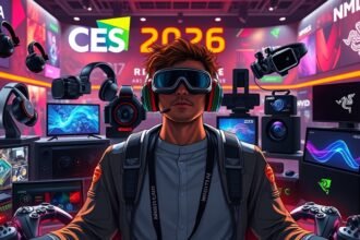 A futuristic image of a person surrounded by various gadgets and devices showcased at CES 2026, with a focus on Nvidia and AMD products, and Razer's AI-powered devices in the background.