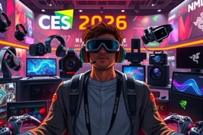A futuristic image of a person surrounded by various gadgets and devices showcased at CES 2026, with a focus on Nvidia and AMD products, and Razer's AI-powered devices in the background.