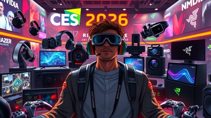 A futuristic image of a person surrounded by various gadgets and devices showcased at CES 2026, with a focus on Nvidia and AMD products, and Razer's AI-powered devices in the background.