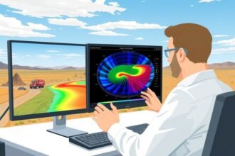 An illustration of a geophysicist analyzing 3D electromagnetic inversion data on a computer screen, with a background of a seismic survey operation in progress.