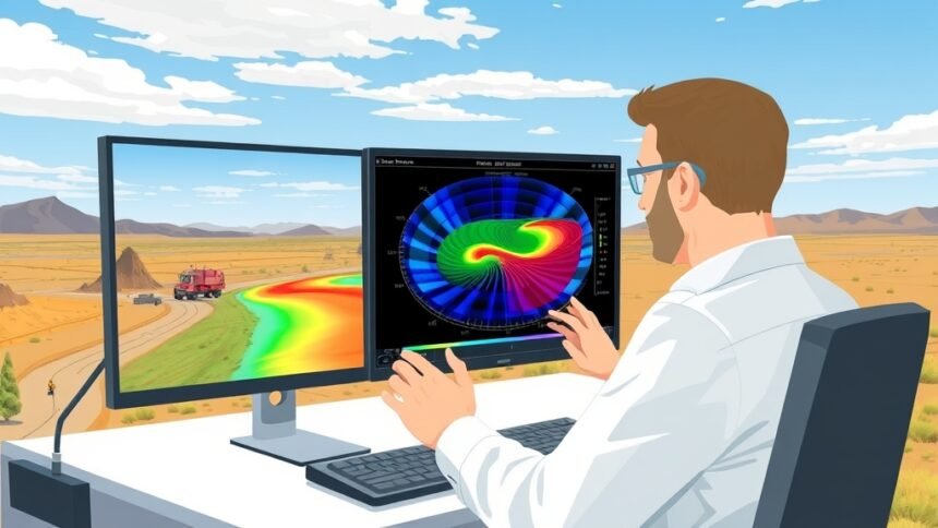An illustration of a geophysicist analyzing 3D electromagnetic inversion data on a computer screen, with a background of a seismic survey operation in progress.