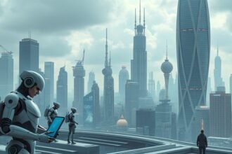 A futuristic cityscape with robots and humans working together, symbolizing the harmony between technology and human progress