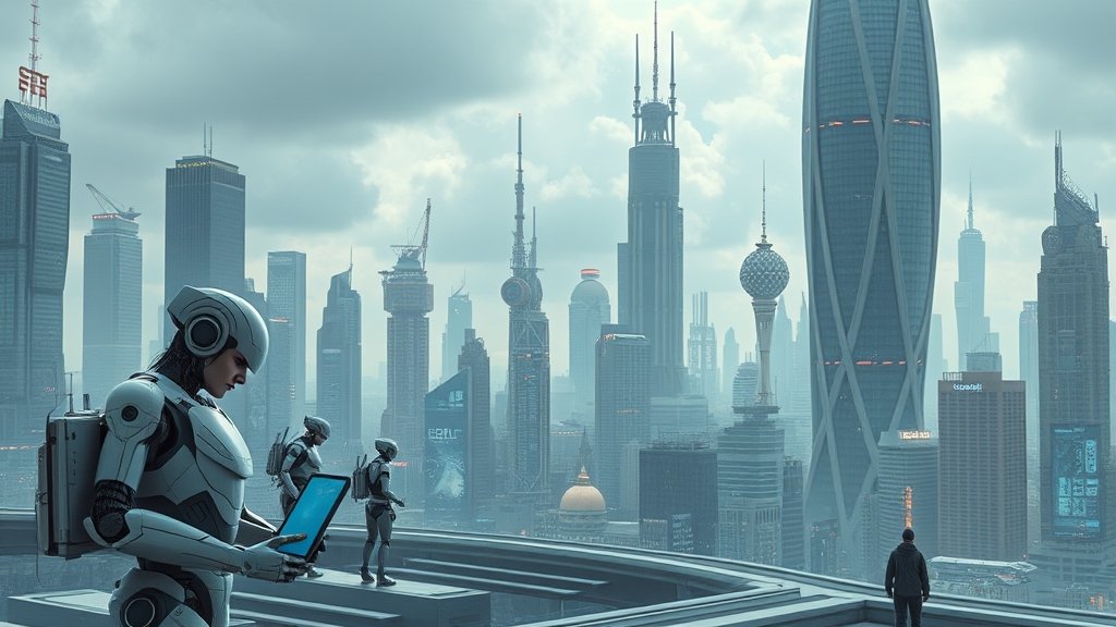 A futuristic cityscape with robots and humans working together, symbolizing the harmony between technology and human progress