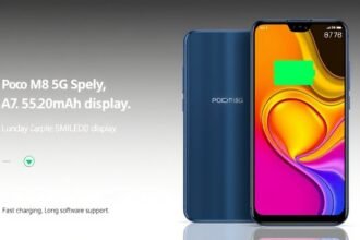 A high-quality image of the Poco M8 5G phone with its 6.77 inch AMOLED display and 5520mAh battery, with a background that highlights its fast charging and long software support features.