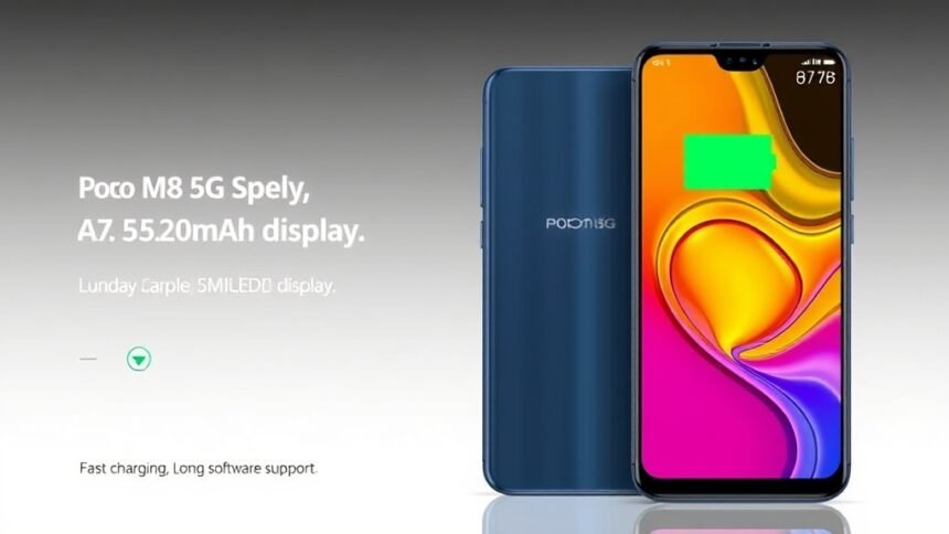 A high-quality image of the Poco M8 5G phone with its 6.77 inch AMOLED display and 5520mAh battery, with a background that highlights its fast charging and long software support features.