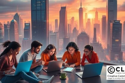 A futuristic cityscape with a group of people from diverse backgrounds working together on a creative project, surrounded by laptops, tablets, and other digital devices, with a subtle hint of a creative commons license in the background.