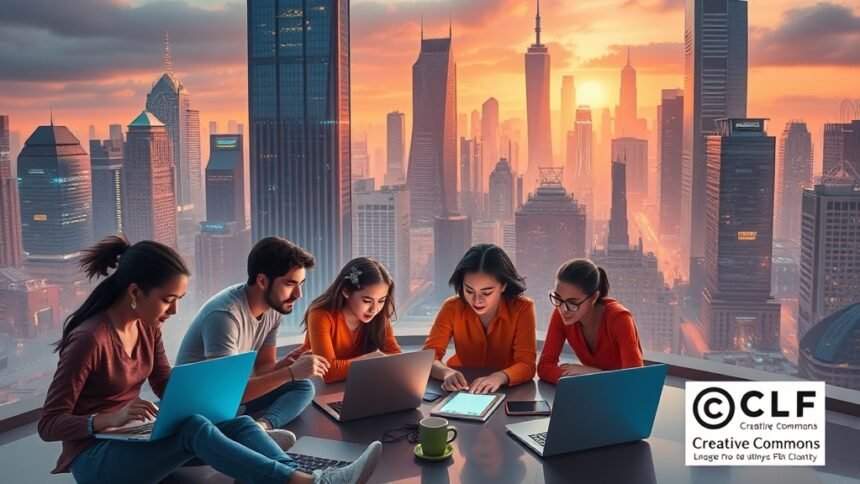 A futuristic cityscape with a group of people from diverse backgrounds working together on a creative project, surrounded by laptops, tablets, and other digital devices, with a subtle hint of a creative commons license in the background.