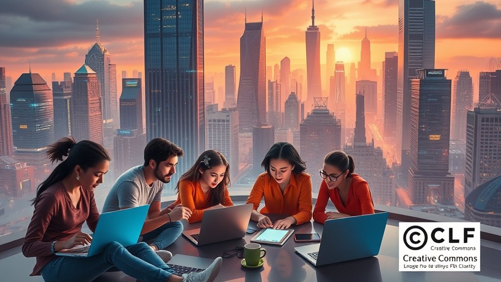 A futuristic cityscape with a group of people from diverse backgrounds working together on a creative project, surrounded by laptops, tablets, and other digital devices, with a subtle hint of a creative commons license in the background.
