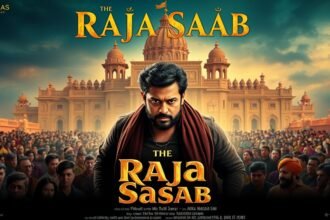 A movie poster of The Raja Saab with Prabhas in the lead role, with a background of a royal palace and a crowd of people waiting to watch the movie.