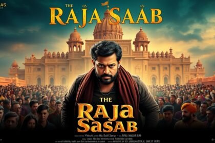 A movie poster of The Raja Saab with Prabhas in the lead role, with a background of a royal palace and a crowd of people waiting to watch the movie.