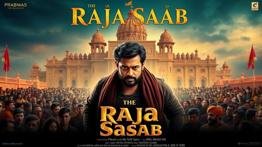 A movie poster of The Raja Saab with Prabhas in the lead role, with a background of a royal palace and a crowd of people waiting to watch the movie.