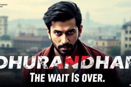 A photo of Ranveer Singh in a promotional poster for the movie Dhurandhar, with a background of a cityscape and a tagline that reads "The wait is over"