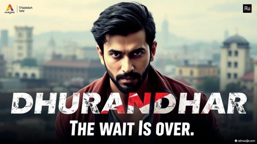 A photo of Ranveer Singh in a promotional poster for the movie Dhurandhar, with a background of a cityscape and a tagline that reads "The wait is over"
