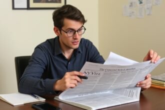 A person sitting at a desk with a newspaper, pen, and paper, looking puzzled but engaged as they try to solve the NYT Connections puzzle.