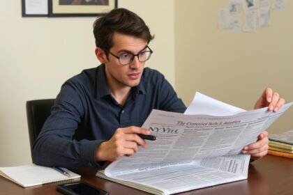 A person sitting at a desk with a newspaper, pen, and paper, looking puzzled but engaged as they try to solve the NYT Connections puzzle.