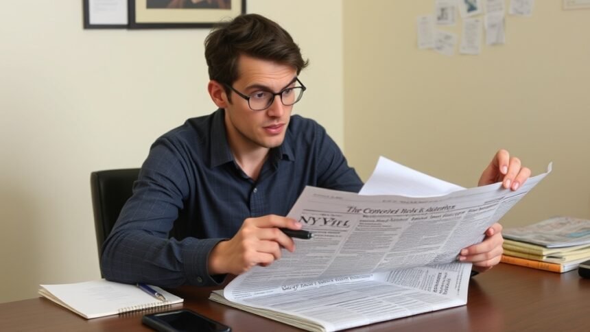 A person sitting at a desk with a newspaper, pen, and paper, looking puzzled but engaged as they try to solve the NYT Connections puzzle.