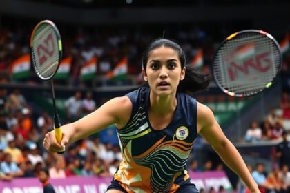 A photo of PV Sindhu in action during a badminton match, with a determined expression on her face and her racket in mid-swing, set against a backdrop of a crowded stadium with Indian flags waving in the audience.
