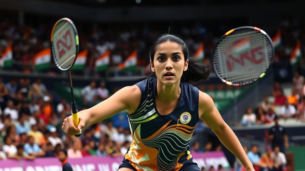 A photo of PV Sindhu in action during a badminton match, with a determined expression on her face and her racket in mid-swing, set against a backdrop of a crowded stadium with Indian flags waving in the audience.
