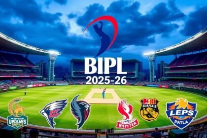 A dramatic photo of a cricket stadium with players in action, with a focus on the BPL 2025-26 logo and the teams' logos in the foreground.