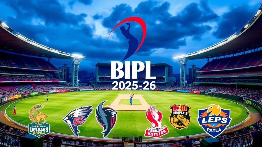 A dramatic photo of a cricket stadium with players in action, with a focus on the BPL 2025-26 logo and the teams' logos in the foreground.