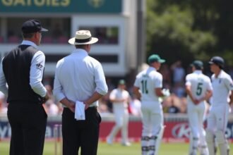 A photo of a cricket match with umpires and players in action, with a focus on the match officials in the foreground.