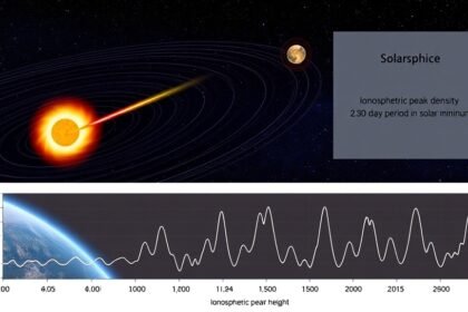 An illustration of the Earth's ionosphere and magnetosphere, with a solar wind blowing towards the Earth, and a graph showing the variations in ionospheric peak density and height during a 30-day quiet period in solar minimum