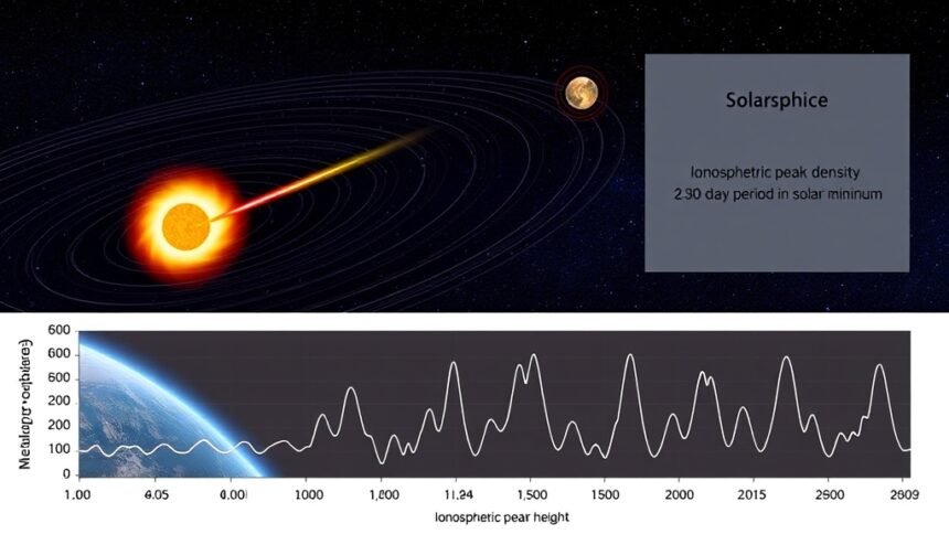 An illustration of the Earth's ionosphere and magnetosphere, with a solar wind blowing towards the Earth, and a graph showing the variations in ionospheric peak density and height during a 30-day quiet period in solar minimum