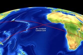 A detailed illustration of the Banda Basin with seismic waves and ambient noise tomography data visualized in the background, highlighting the Arc-Continent Collision Zone.
