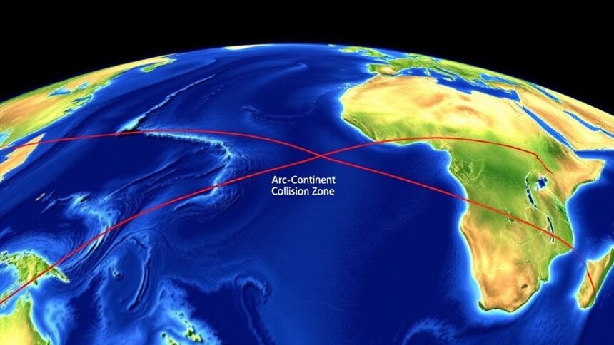 A detailed illustration of the Banda Basin with seismic waves and ambient noise tomography data visualized in the background, highlighting the Arc-Continent Collision Zone.